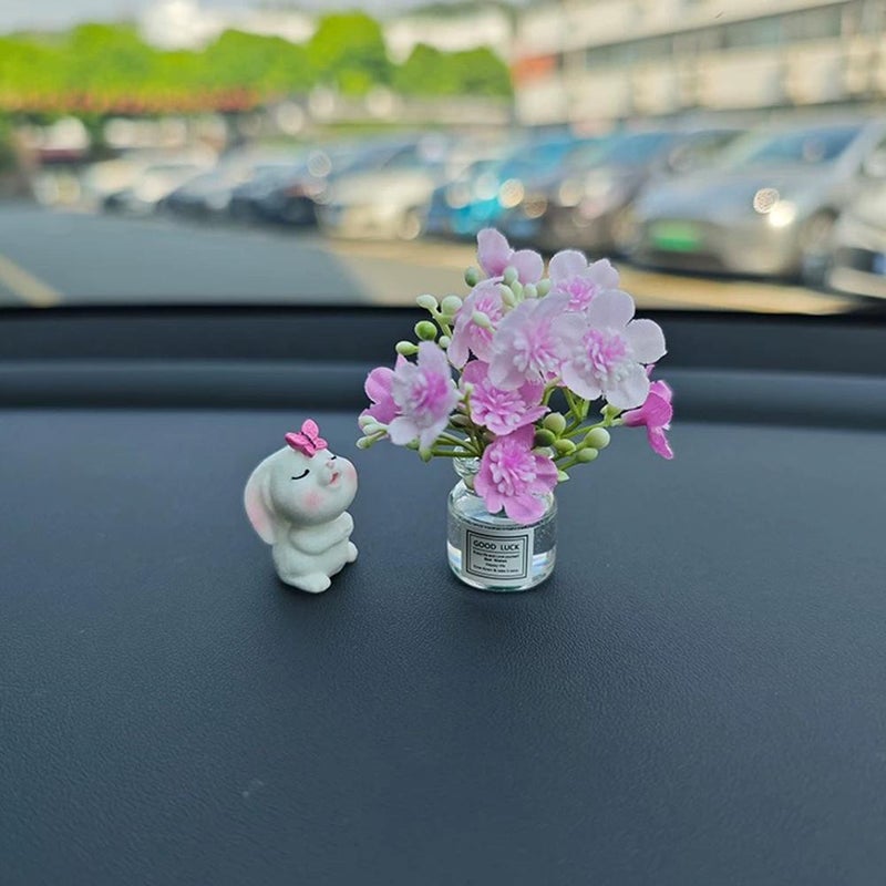 Set of 2 Cute Mini Bunny & Daisy Flower Vase Car Ornaments – Rearview Mirror Dashboard Decorations, Scented Rabbit, Blossom Vase for Women’s Car Interiors (B) - Image 3